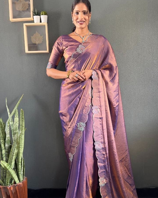 Premium Space Silk Saree with Swarovski Work & Cutwork Border - Rosepetals Luxe