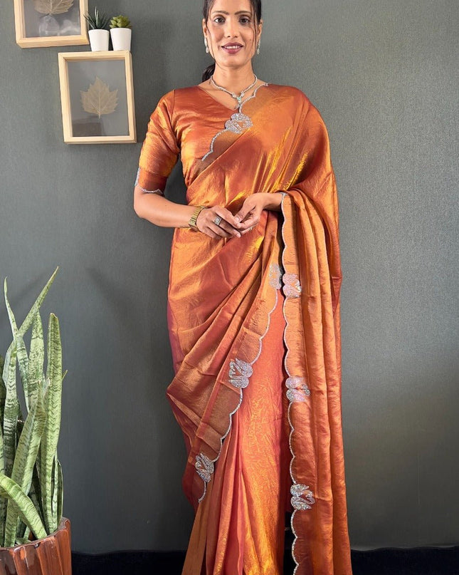 Premium Space Silk Saree with Swarovski Work & Cutwork Border - Rosepetals Luxe