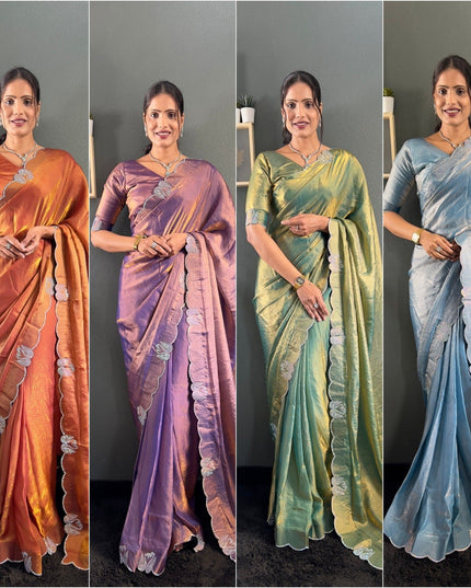 Premium Space Silk Saree with Swarovski Work & Cutwork Border - Rosepetals Luxe