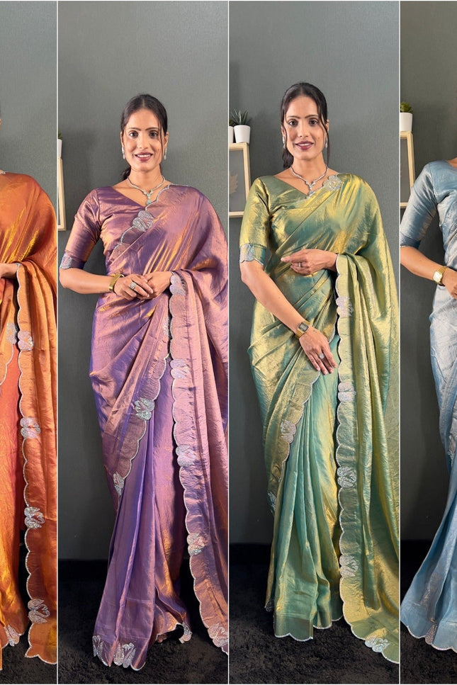 Premium Space Silk Saree with Swarovski Work & Cutwork Border - Rosepetals Luxe