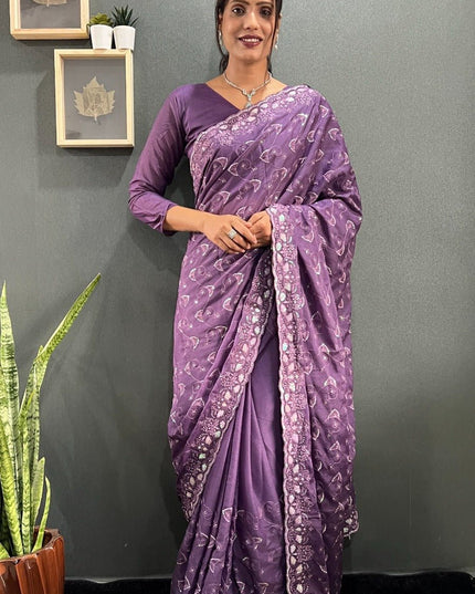 Premium Sparkling Georgette Silk Saree with Multi Sequins Embroidery & Cutwork Border - Rosepetals Luxe