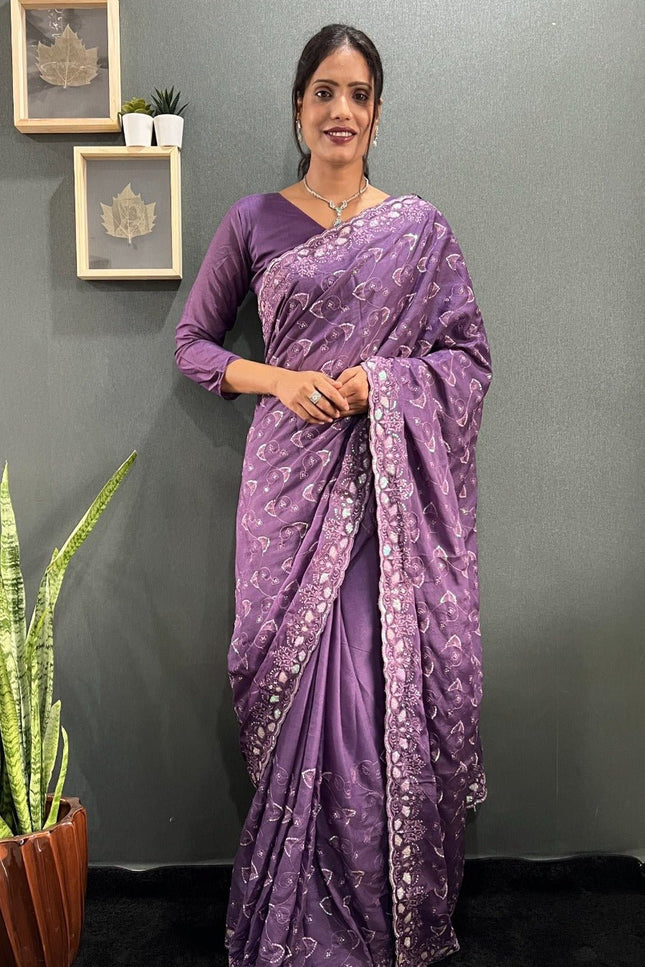 Premium Sparkling Georgette Silk Saree with Multi Sequins Embroidery & Cutwork Border - Rosepetals Luxe