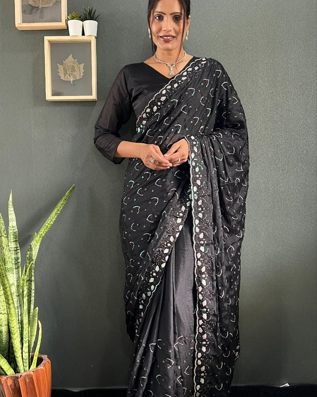 Premium Sparkling Georgette Silk Saree with Multi Sequins Embroidery & Cutwork Border - Rosepetals Luxe