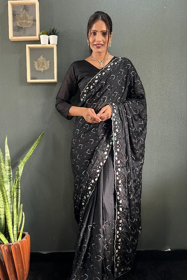 Premium Sparkling Georgette Silk Saree with Multi Sequins Embroidery & Cutwork Border - Rosepetals Luxe
