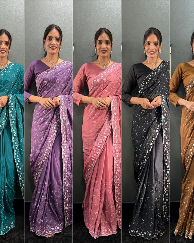 Premium Sparkling Georgette Silk Saree with Multi Sequins Embroidery & Cutwork Border - Rosepetals Luxe