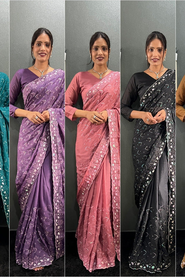 Premium Sparkling Georgette Silk Saree with Multi Sequins Embroidery & Cutwork Border - Rosepetals Luxe