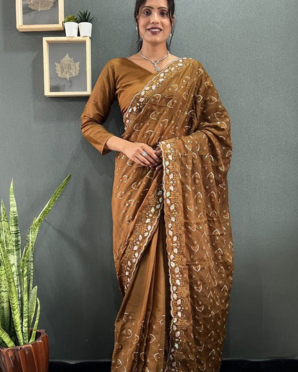 Premium Sparkling Georgette Silk Saree with Multi Sequins Embroidery & Cutwork Border - Rosepetals Luxe
