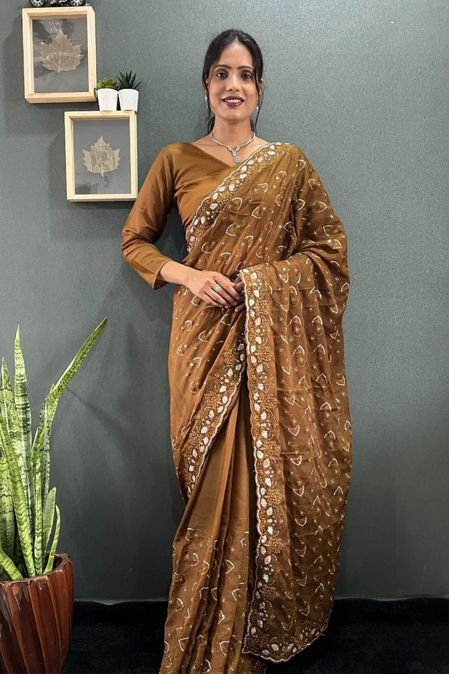 Premium Sparkling Georgette Silk Saree with Multi Sequins Embroidery & Cutwork Border - Rosepetals Luxe