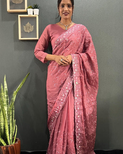 Premium Sparkling Georgette Silk Saree with Multi Sequins Embroidery & Cutwork Border - Rosepetals Luxe