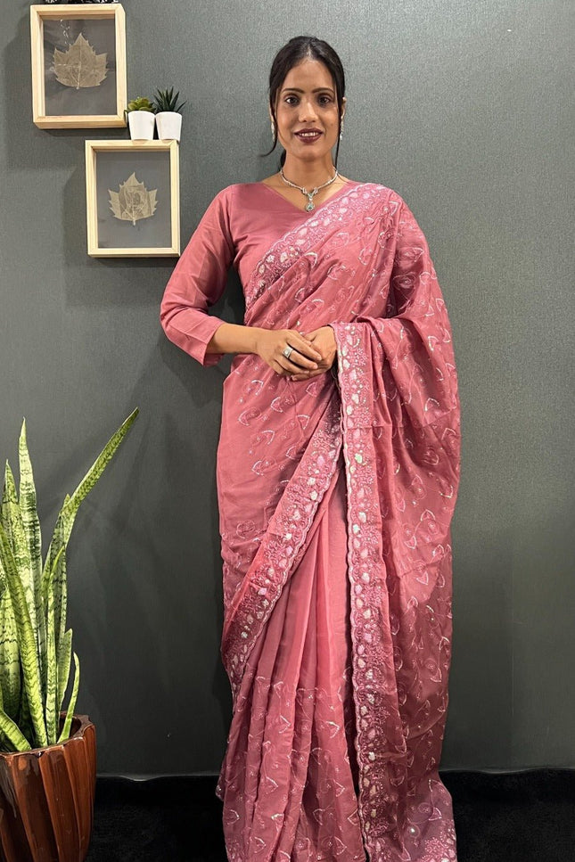 Premium Sparkling Georgette Silk Saree with Multi Sequins Embroidery & Cutwork Border - Rosepetals Luxe