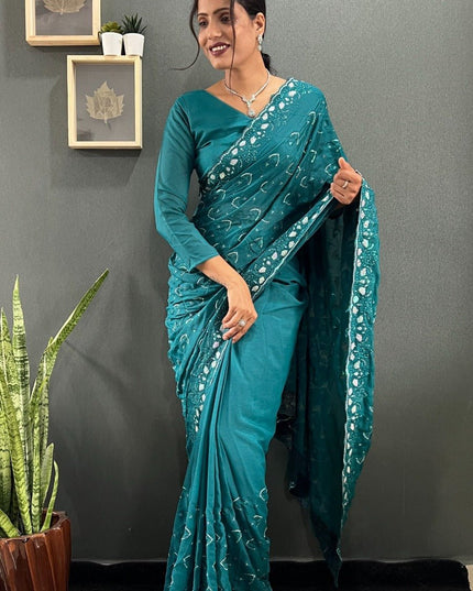 Premium Sparkling Georgette Silk Saree with Multi Sequins Embroidery & Cutwork Border - Rosepetals Luxe