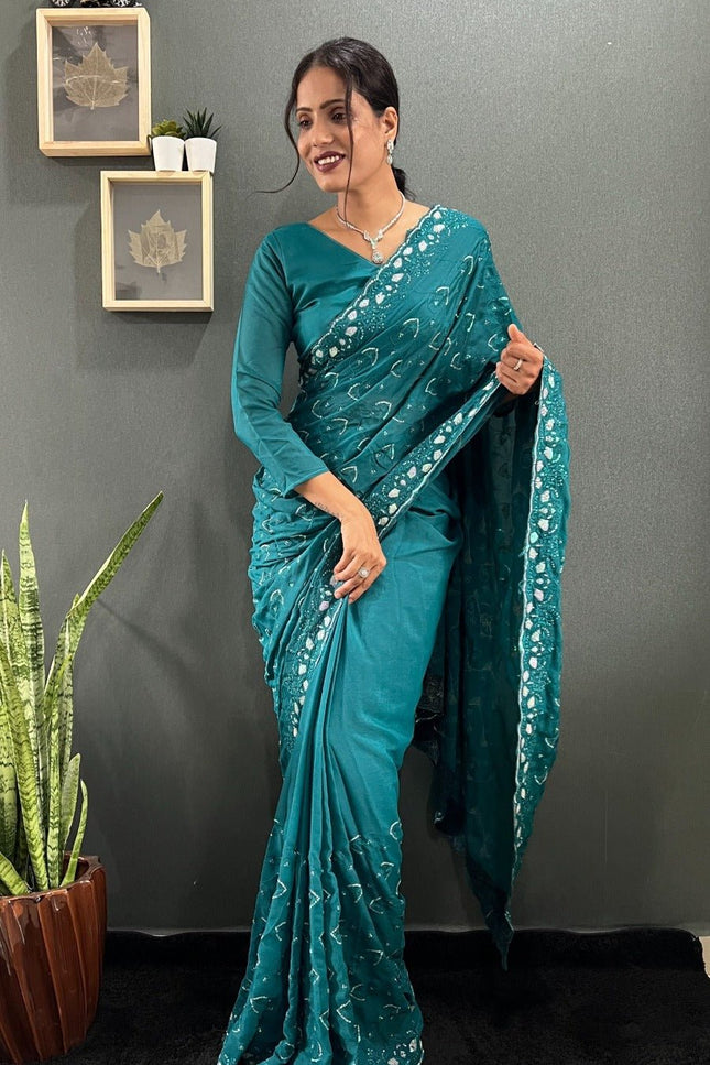 Premium Sparkling Georgette Silk Saree with Multi Sequins Embroidery & Cutwork Border - Rosepetals Luxe