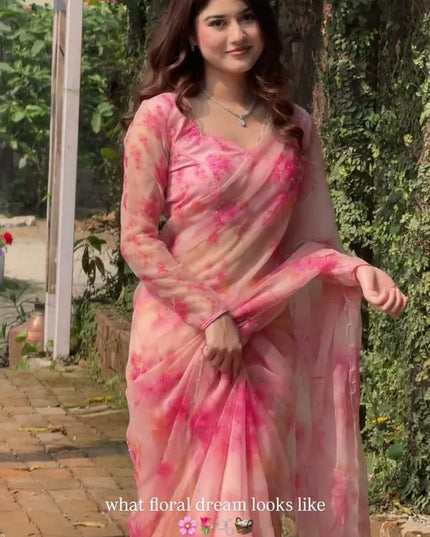 Premium Tabby Silk Pink Saree | Real Mirror Work & Sequins Embellishment | Rosepetals Luxe - Rosepetals Luxe