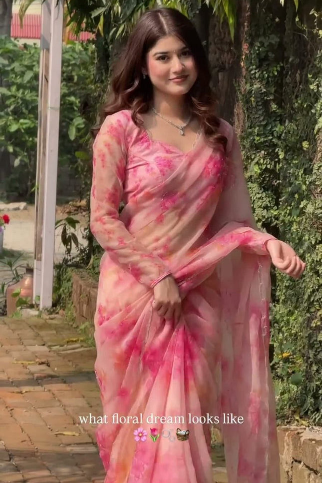 Premium Tabby Silk Pink Saree | Real Mirror Work & Sequins Embellishment | Rosepetals Luxe - Rosepetals Luxe