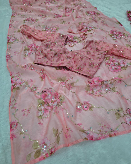 Premium Tabby Silk Pink Saree | Real Mirror Work & Sequins Embellishment | Rosepetals Luxe - Rosepetals Luxe