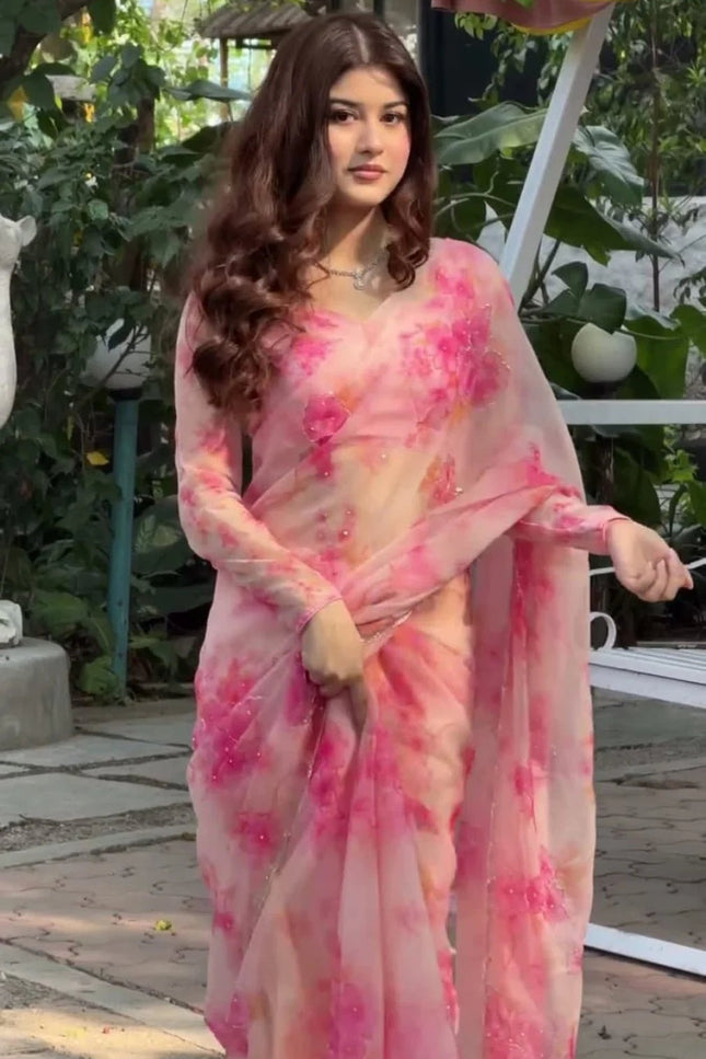 Premium Tabby Silk Pink Saree | Real Mirror Work & Sequins Embellishment | Rosepetals Luxe - Rosepetals Luxe