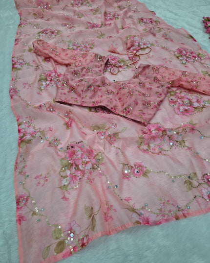 Premium Tabby Silk Pink Saree | Real Mirror Work & Sequins Embellishment | Rosepetals Luxe - Rosepetals Luxe