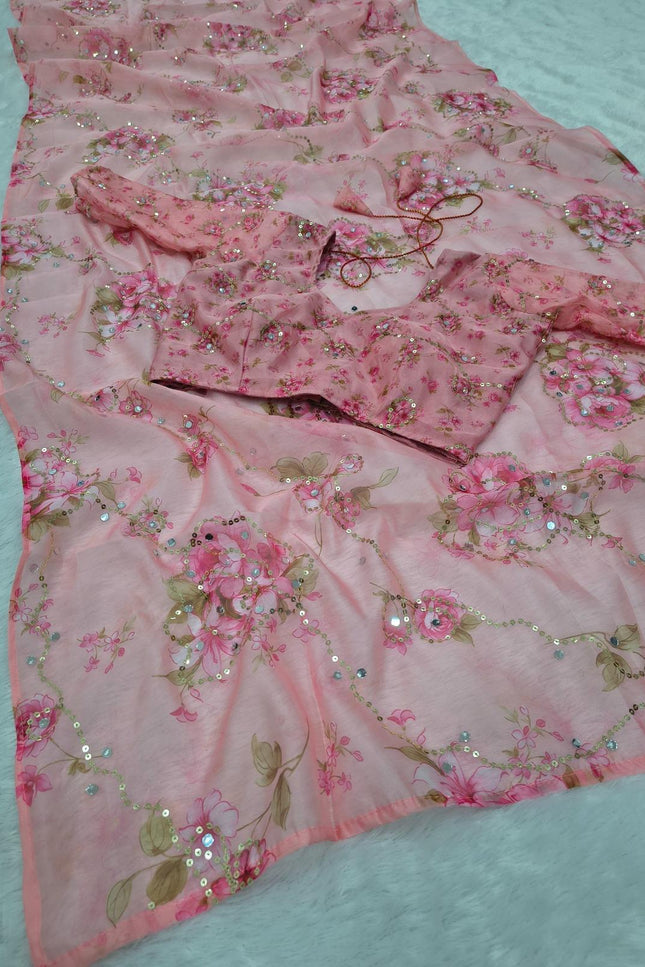Premium Tabby Silk Pink Saree | Real Mirror Work & Sequins Embellishment | Rosepetals Luxe - Rosepetals Luxe