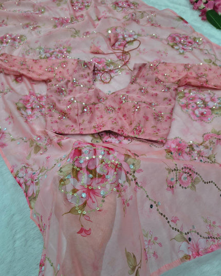 Premium Tabby Silk Pink Saree | Real Mirror Work & Sequins Embellishment | Rosepetals Luxe - Rosepetals Luxe