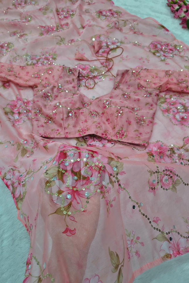 Premium Tabby Silk Pink Saree | Real Mirror Work & Sequins Embellishment | Rosepetals Luxe - Rosepetals Luxe