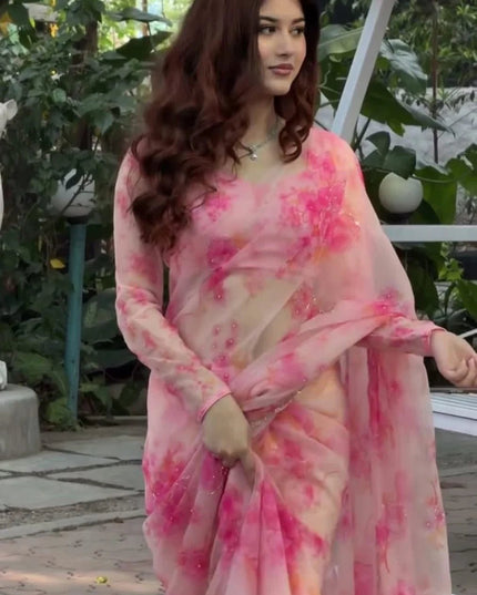 Premium Tabby Silk Pink Saree | Real Mirror Work & Sequins Embellishment | Rosepetals Luxe - Rosepetals Luxe