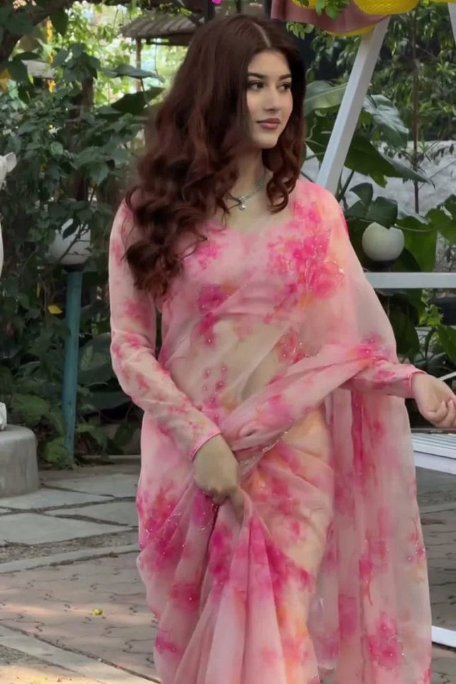 Premium Tabby Silk Pink Saree | Real Mirror Work & Sequins Embellishment | Rosepetals Luxe - Rosepetals Luxe