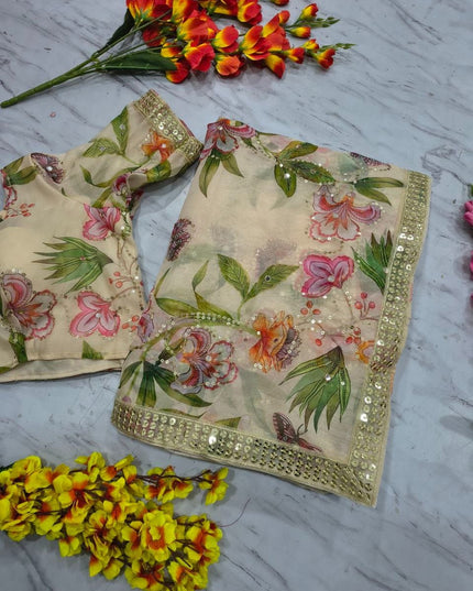 Premium Tabby Silk Saree with Print, Sequins & Foil Mirror Work - Rosepetals Luxe