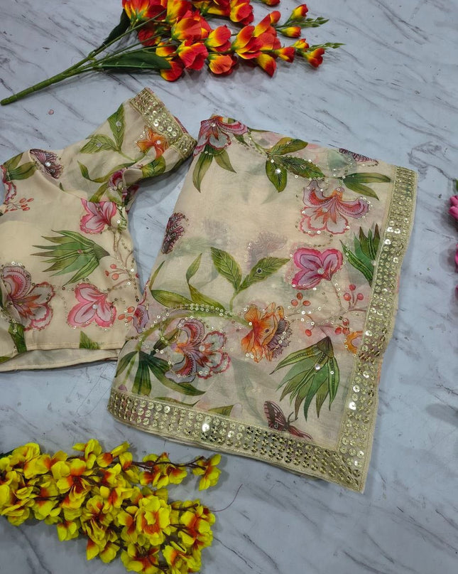 Premium Tabby Silk Saree with Print, Sequins & Foil Mirror Work - Rosepetals Luxe