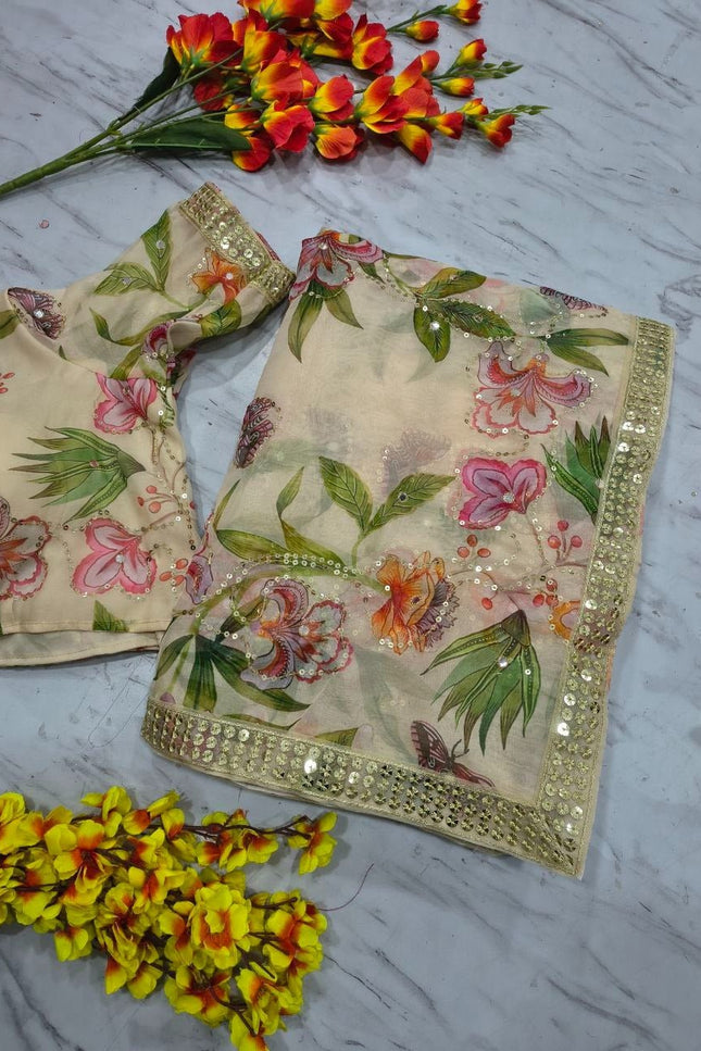 Premium Tabby Silk Saree with Print, Sequins & Foil Mirror Work - Rosepetals Luxe