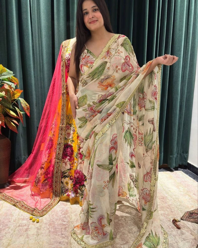 Premium Tabby Silk Saree with Print, Sequins & Foil Mirror Work - Rosepetals Luxe