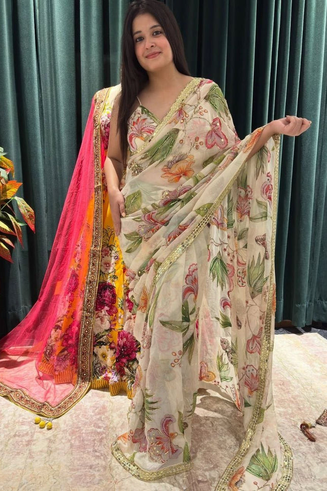 Premium Tabby Silk Saree with Print, Sequins & Foil Mirror Work - Rosepetals Luxe