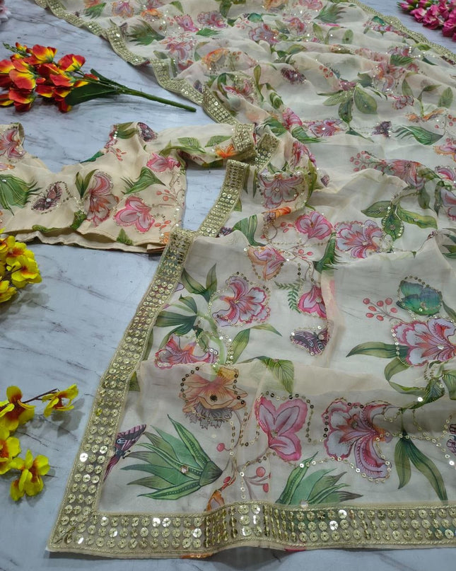 Premium Tabby Silk Saree with Print, Sequins & Foil Mirror Work - Rosepetals Luxe