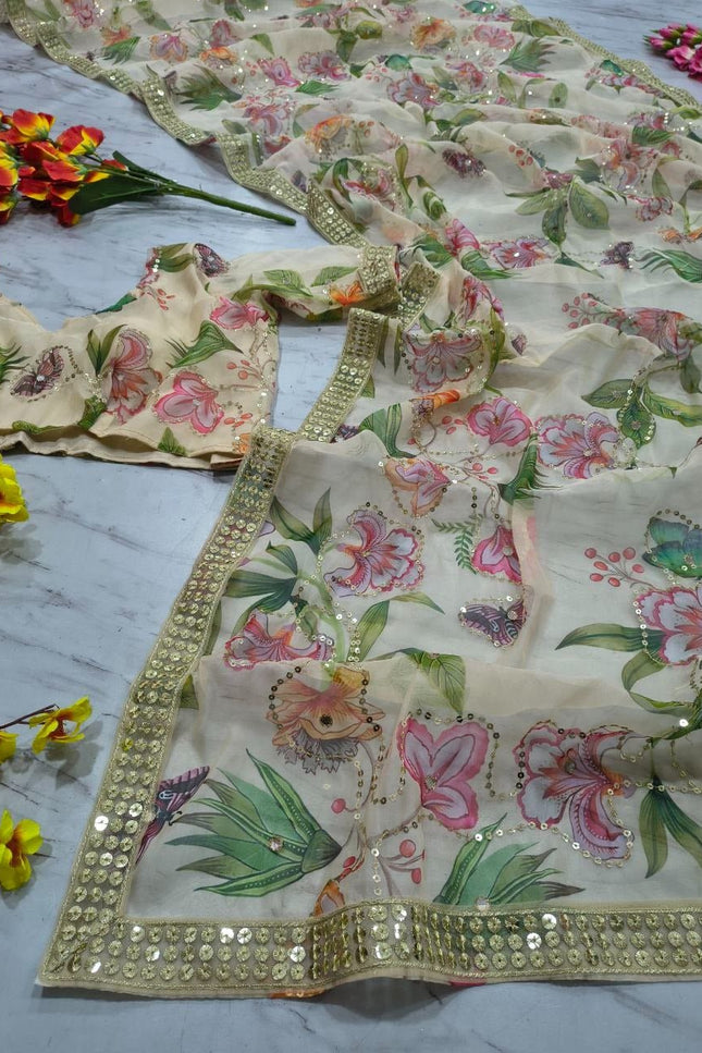 Premium Tabby Silk Saree with Print, Sequins & Foil Mirror Work - Rosepetals Luxe