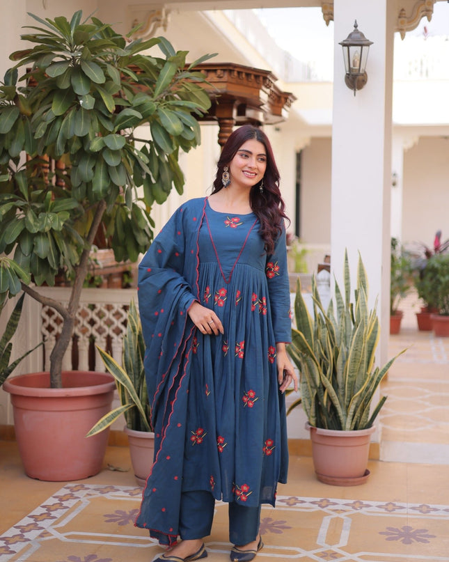 Presenting 3 piece Cotton Kurt Set With Embroidered Work | Perfect For Casual Wear - Rosepetals Luxe