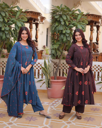 Presenting 3 piece Cotton Kurt Set With Embroidered Work | Perfect For Casual Wear - Rosepetals Luxe
