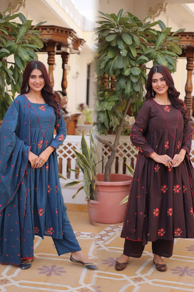 Presenting 3 piece Cotton Kurt Set With Embroidered Work | Perfect For Casual Wear - Rosepetals Luxe