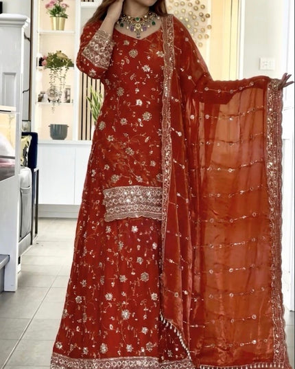 Presenting Kurta Palazzo Dupatta Set With Embroidery Sequence Work - Rosepetals Luxe