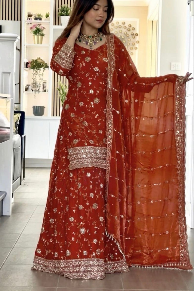 Presenting Kurta Palazzo Dupatta Set With Embroidery Sequence Work - Rosepetals Luxe