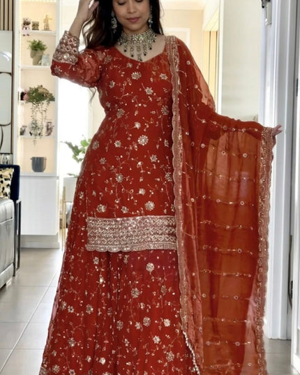 Presenting Kurta Palazzo Dupatta Set With Embroidery Sequence Work - Rosepetals Luxe