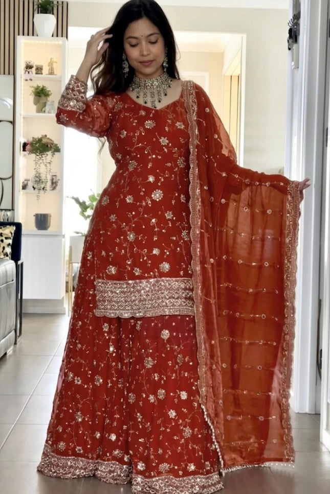 Presenting Kurta Palazzo Dupatta Set With Embroidery Sequence Work - Rosepetals Luxe