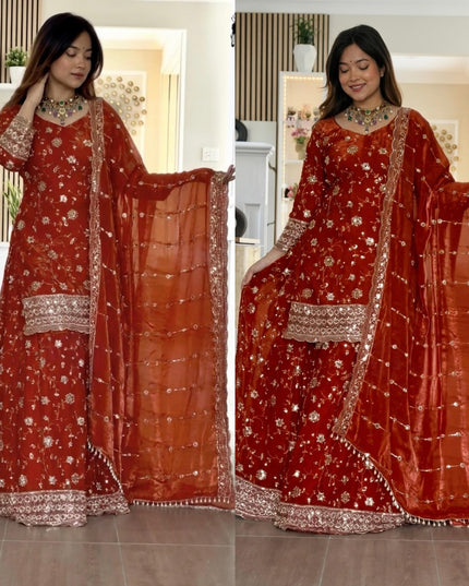 Presenting Kurta Palazzo Dupatta Set With Embroidery Sequence Work - Rosepetals Luxe