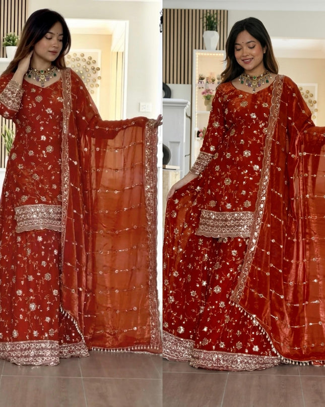 Presenting Kurta Palazzo Dupatta Set With Embroidery Sequence Work - Rosepetals Luxe