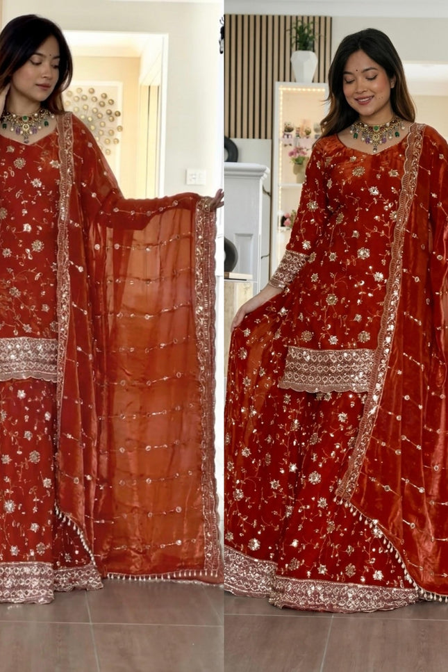 Presenting Kurta Palazzo Dupatta Set With Embroidery Sequence Work - Rosepetals Luxe