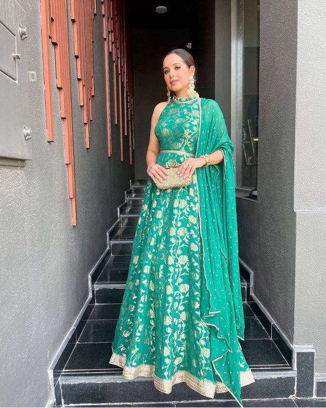 Pure Banarasi Jacquard Dola Silk Gown with Georgette Dupatta - Rosepetals Luxe