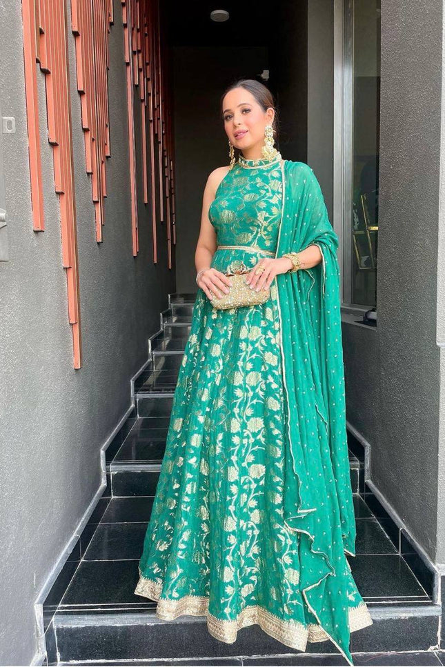 Pure Banarasi Jacquard Dola Silk Gown with Georgette Dupatta - Rosepetals Luxe