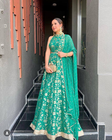 Pure Banarasi Jacquard Dola Silk Gown with Georgette Dupatta - Rosepetals Luxe