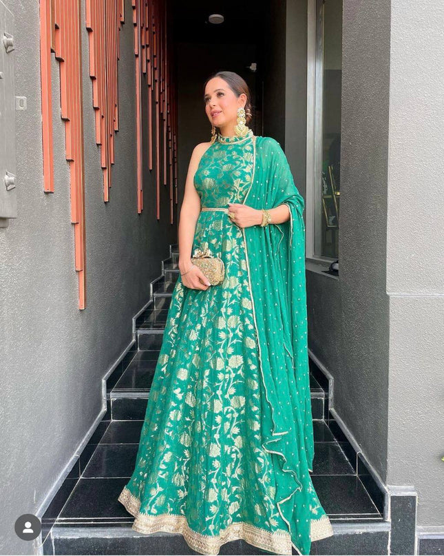 Pure Banarasi Jacquard Dola Silk Gown with Georgette Dupatta - Rosepetals Luxe