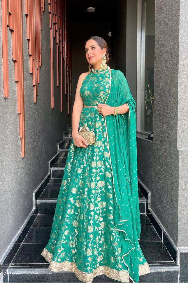 Pure Banarasi Jacquard Dola Silk Gown with Georgette Dupatta - Rosepetals Luxe