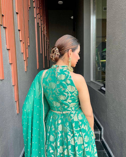Pure Banarasi Jacquard Dola Silk Gown with Georgette Dupatta - Rosepetals Luxe