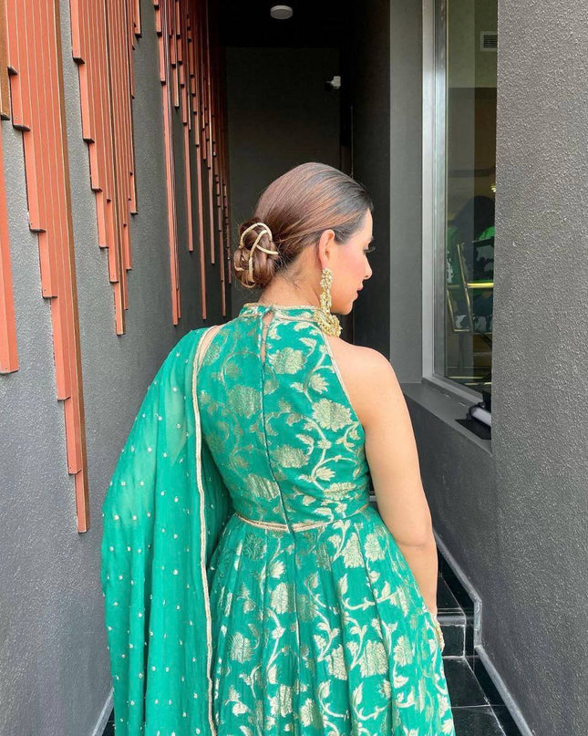 Pure Banarasi Jacquard Dola Silk Gown with Georgette Dupatta - Rosepetals Luxe